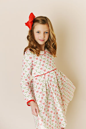 Holiday Bow Watercolor Proper Picot Pleat Dress