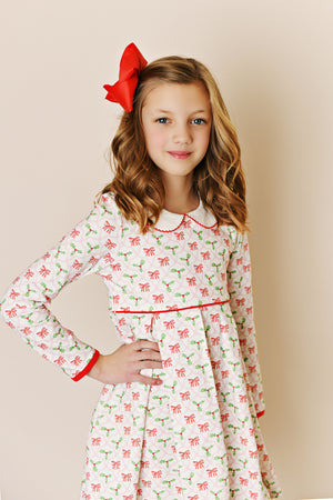 Holiday Bow Watercolor Proper Picot Pleat Dress