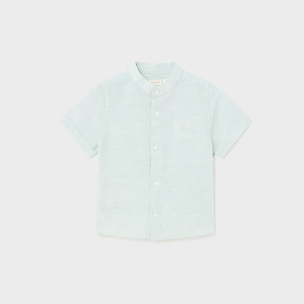 Baby Boy Short Sleeve Linen Mao Collar Shirt | Eucalyptus