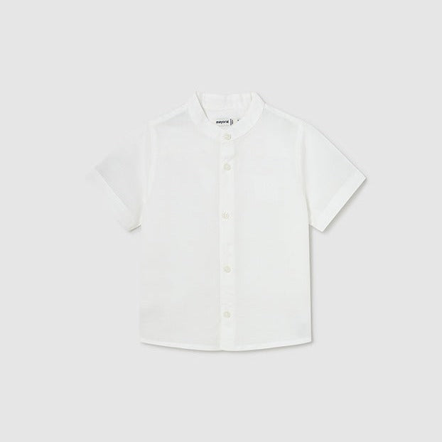 Baby Boy Short Sleeve Linen Mao Collar Shirt | White