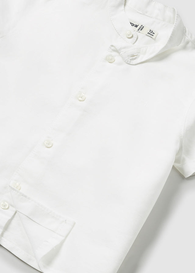 Baby Boy Short Sleeve Linen Mao Collar Shirt | White