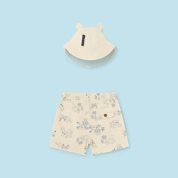 Baby Boy Safari Print Bermuda Short with Bucket Hat | Cream