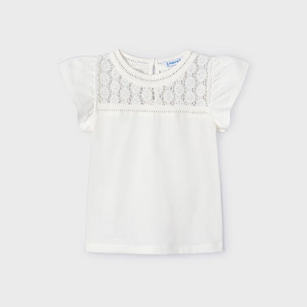 Girls Lace Inset Flutter Sleeve Top | Natural