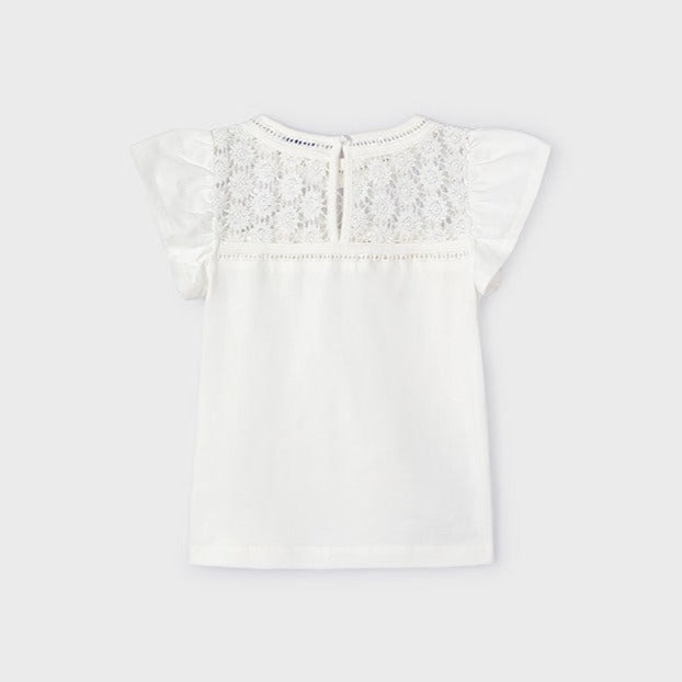 Girls Lace Inset Flutter Sleeve Top | Natural