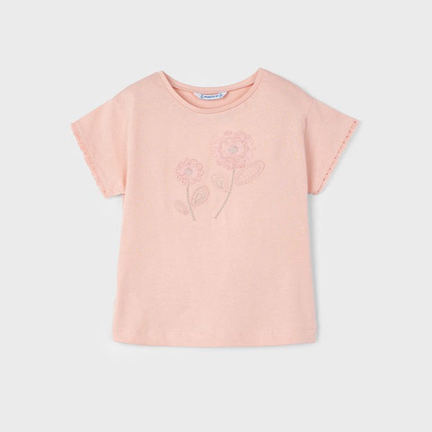 Girls Flower Applique Short Sleeve T-Shirt | Peach