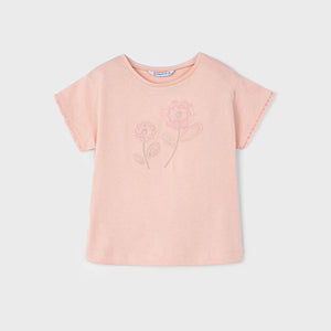 Girls Flower Applique Short Sleeve T-Shirt | Peach