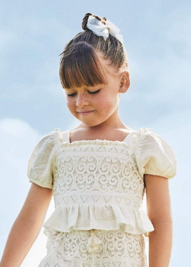 Girls Smocked Lace Peasant Top | Natural