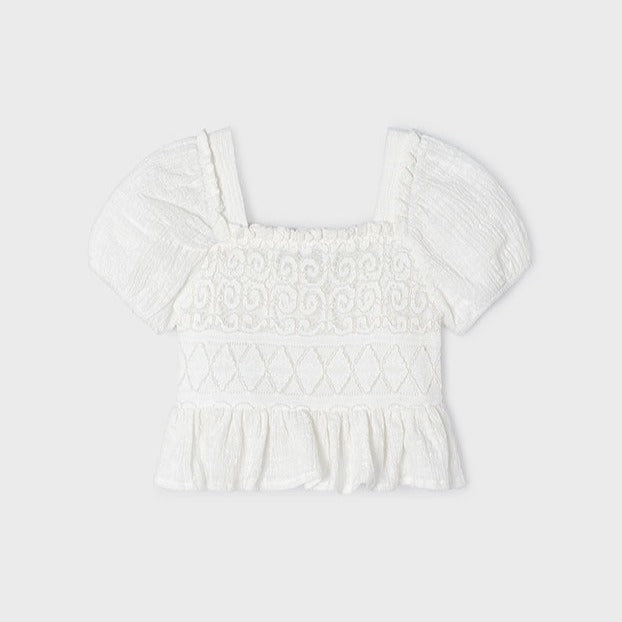 Girls Smocked Lace Peasant Top | Natural