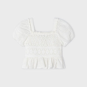 Girls Smocked Lace Peasant Top | Natural