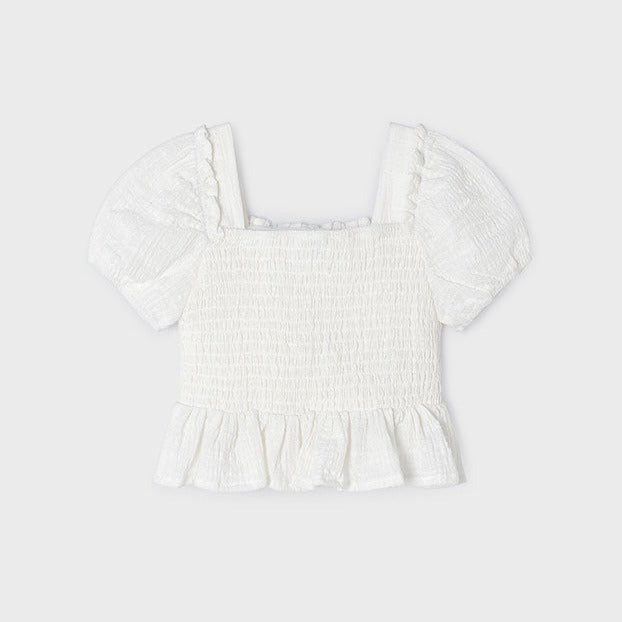 Girls Smocked Lace Peasant Top | Natural
