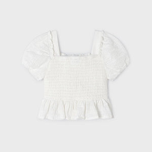 Girls Smocked Lace Peasant Top | Natural