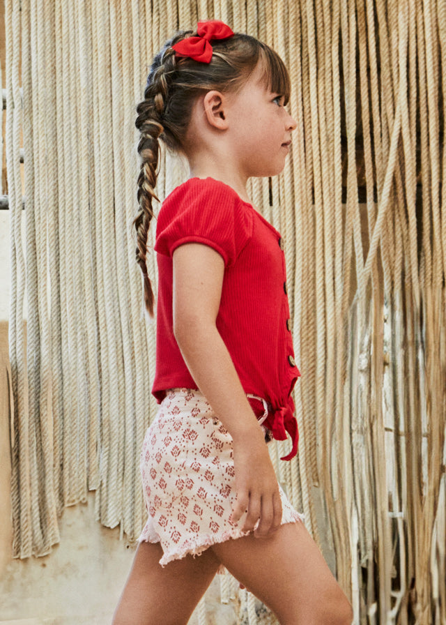 Girls Raw Edge Print Shorts with Belt | Natural Red