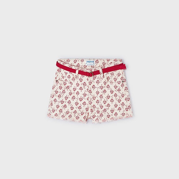 Girls Raw Edge Print Shorts with Belt | Natural Red