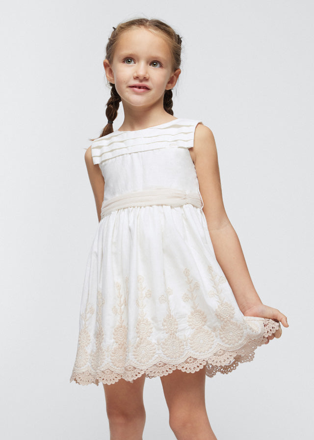 Girls Embroidered Dress with Sash | Ivory