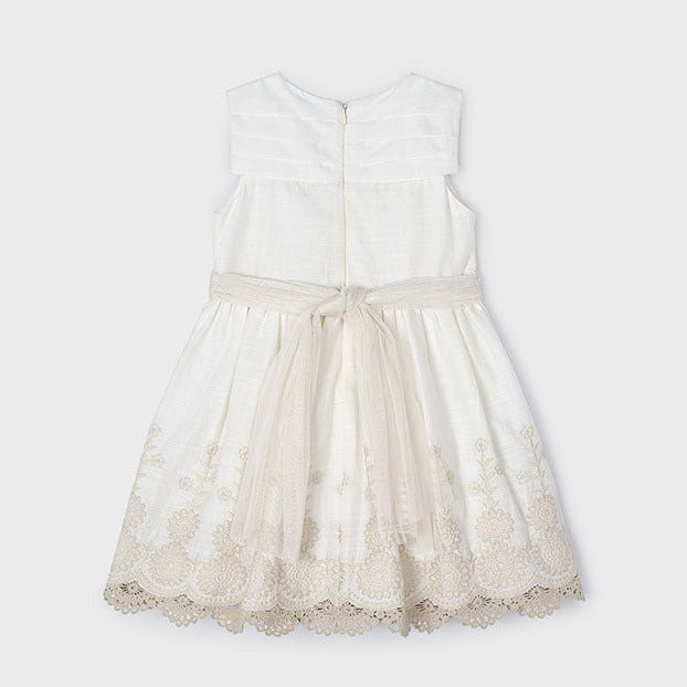 Girls Embroidered Dress with Sash | Ivory