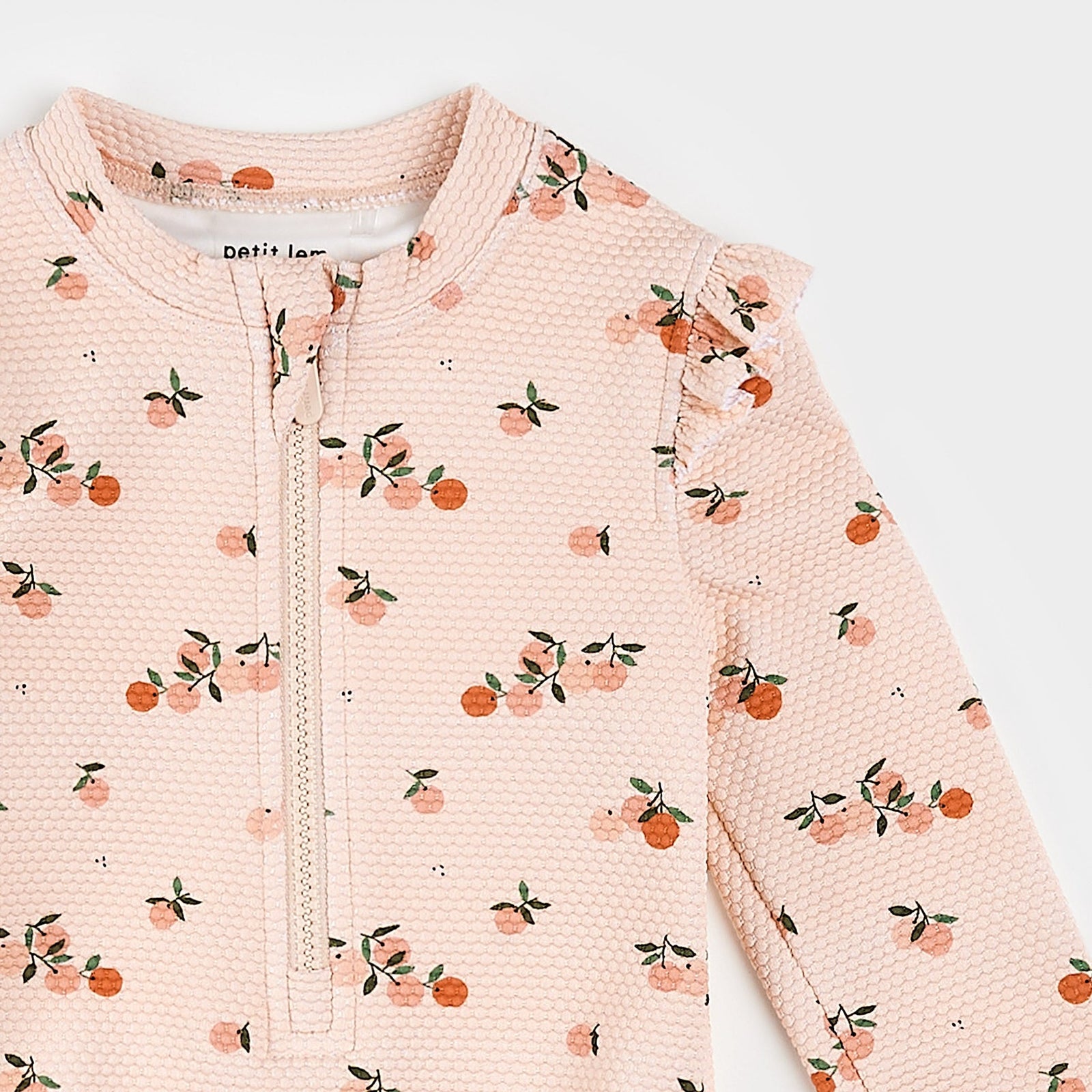 Oranges Print on Crème Tan Long-Sleeve One-Piece Swimsuit