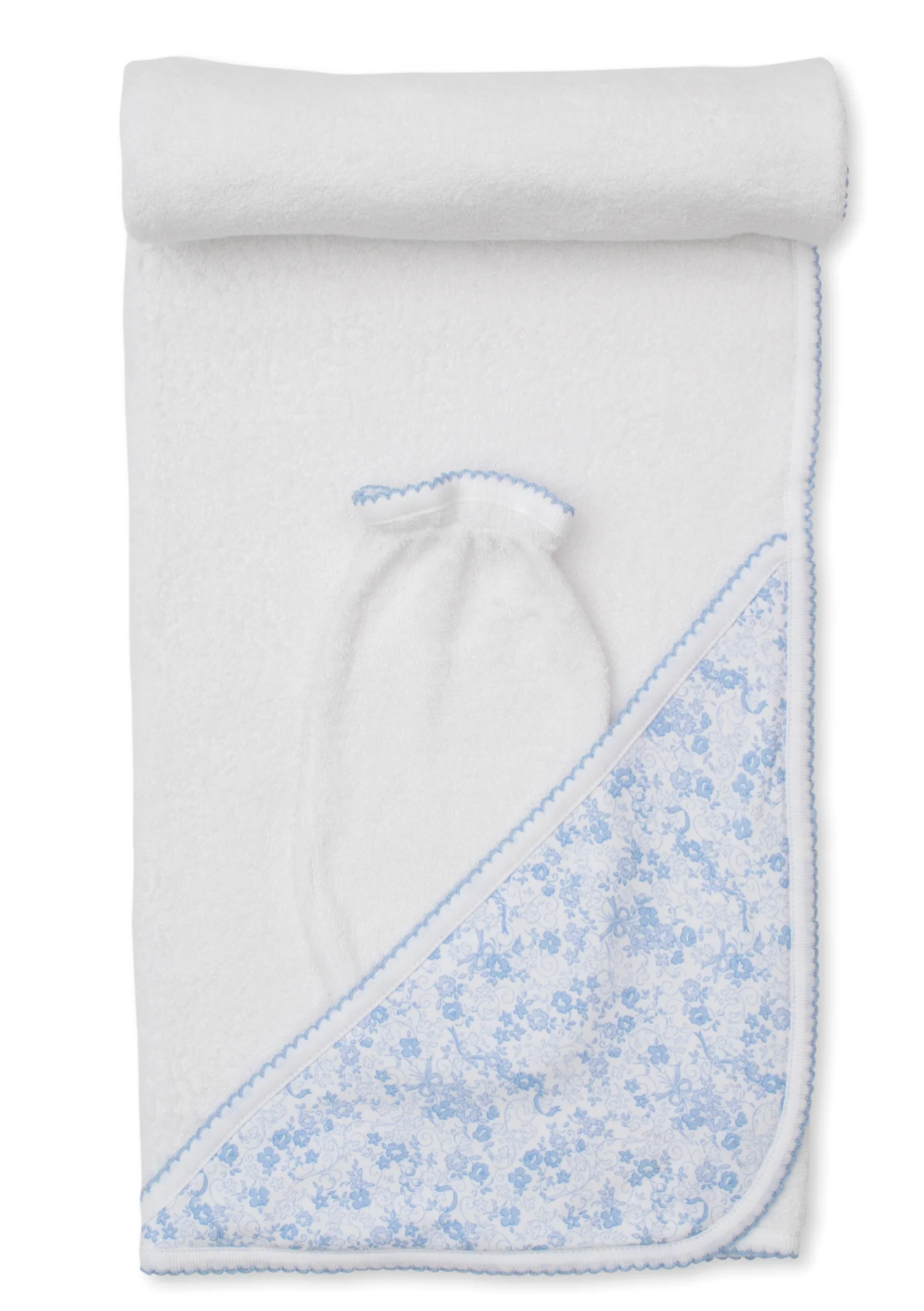 Old English Roses Blue Hooded Towel with Mitt Set