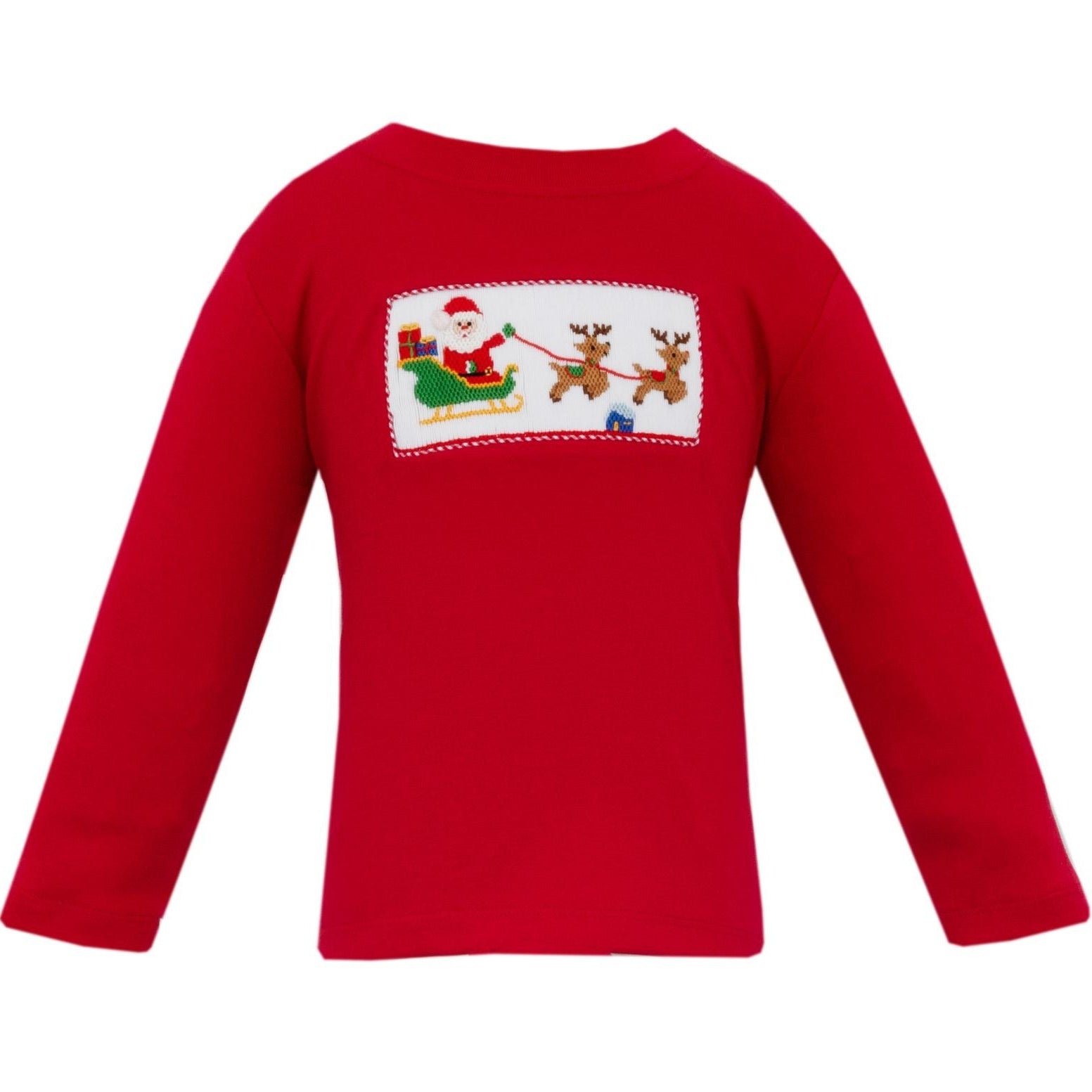 Santa's Sleigh Smocked Long Sleeve Knit Shirt | Red