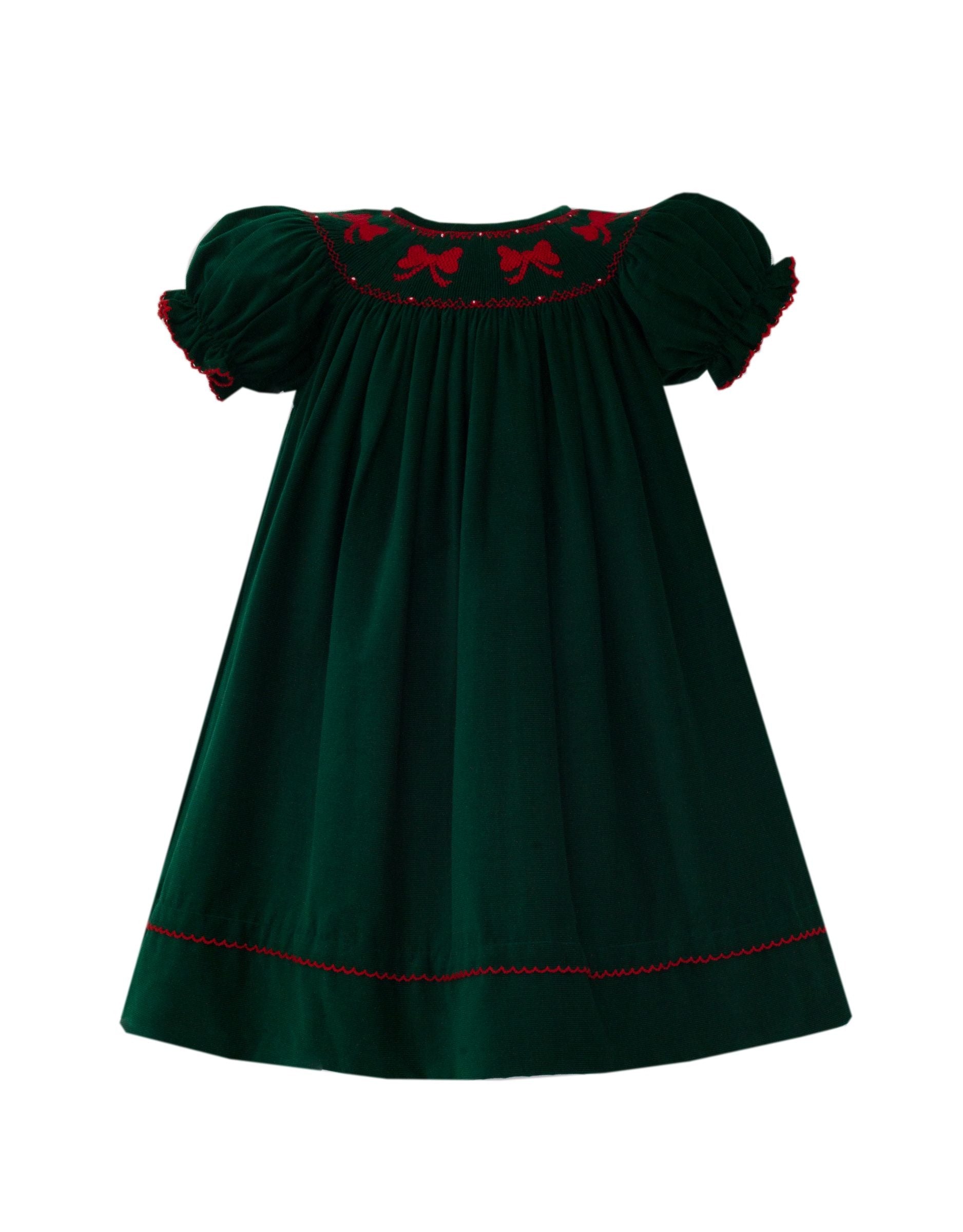 Green Corduroy Short Sleeve Red Bows Bishop Dress