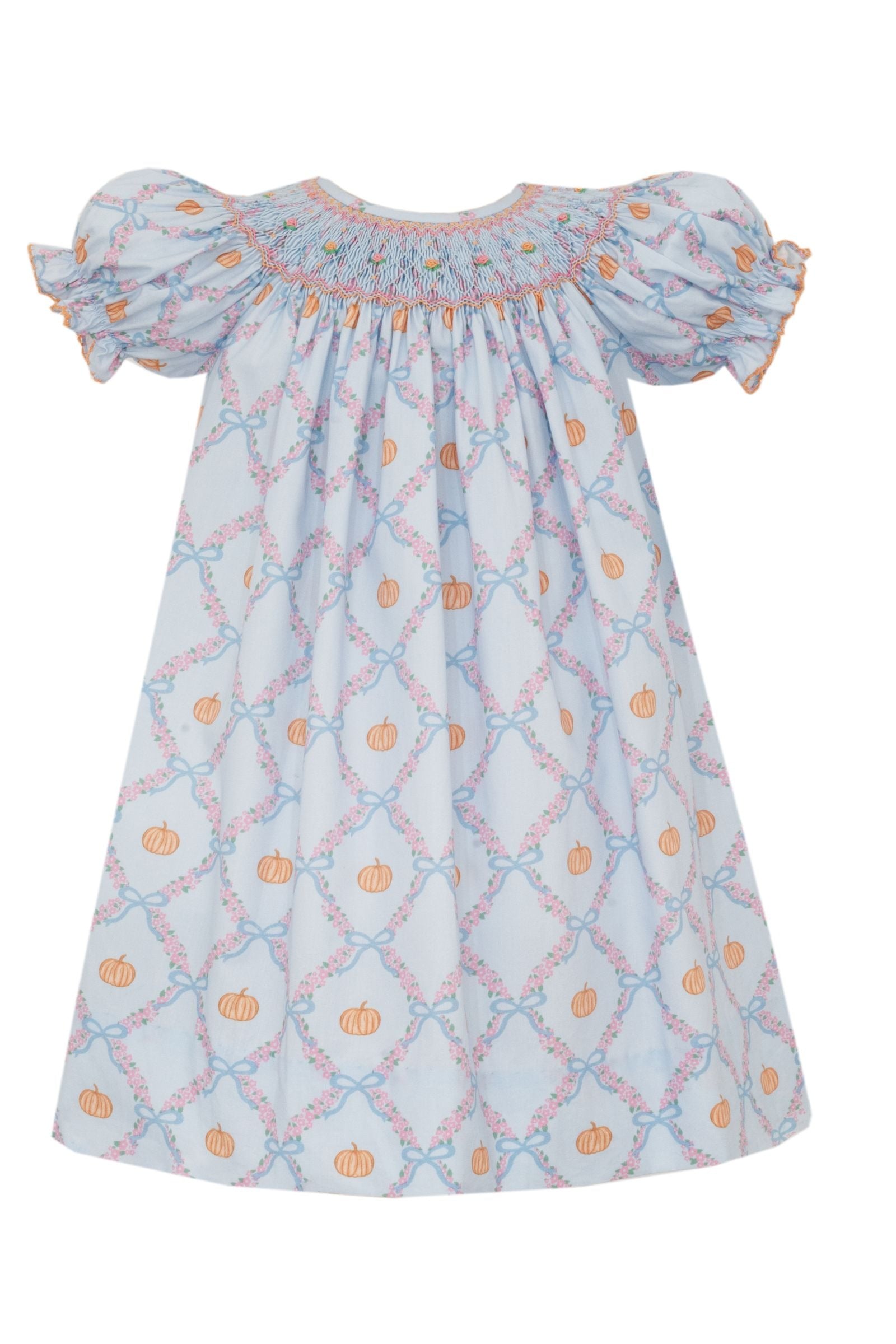 Short Sleeve Smocked Bishop Dress | Blue Floral Pumpkin Print