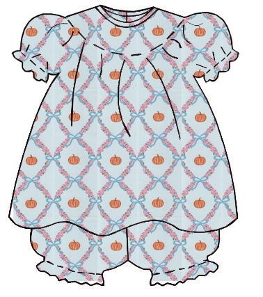 Short Sleeve Smocked Bloomer Set | Blue Floral Pumpkin Print
