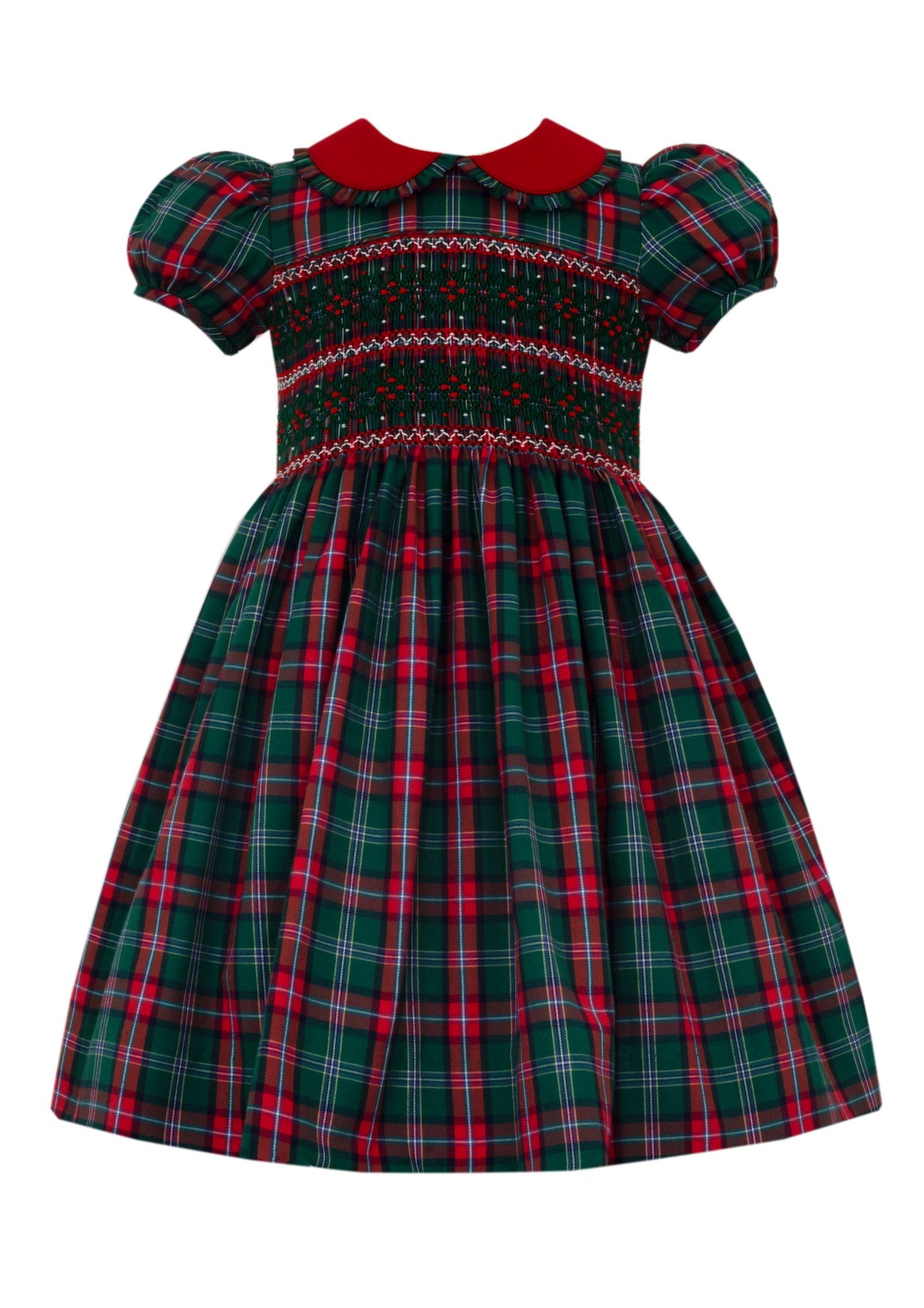 Green and Red Plaid Smocked Short Sleeve Dress