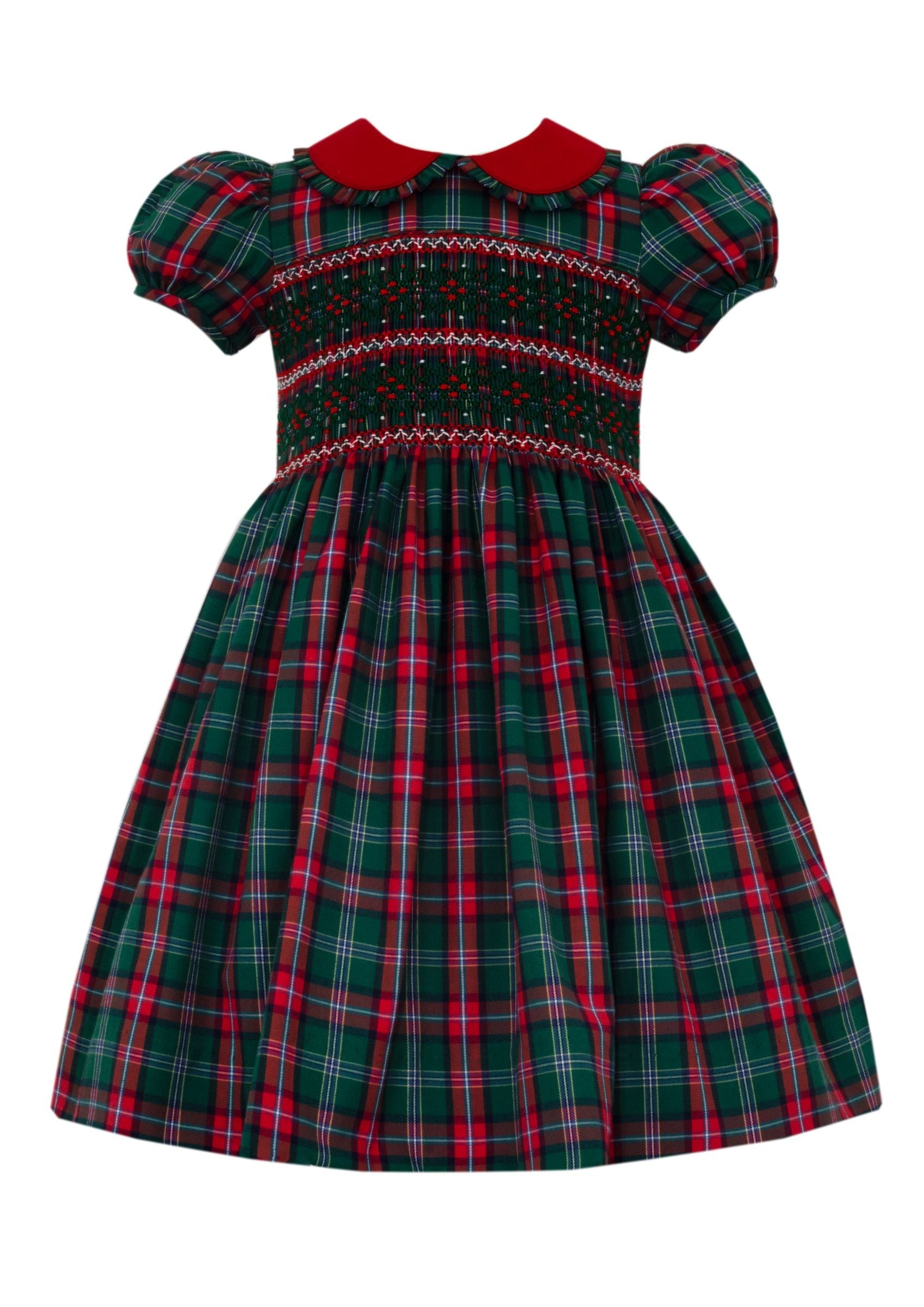 Green and Red Plaid Smocked Short Sleeve Dress