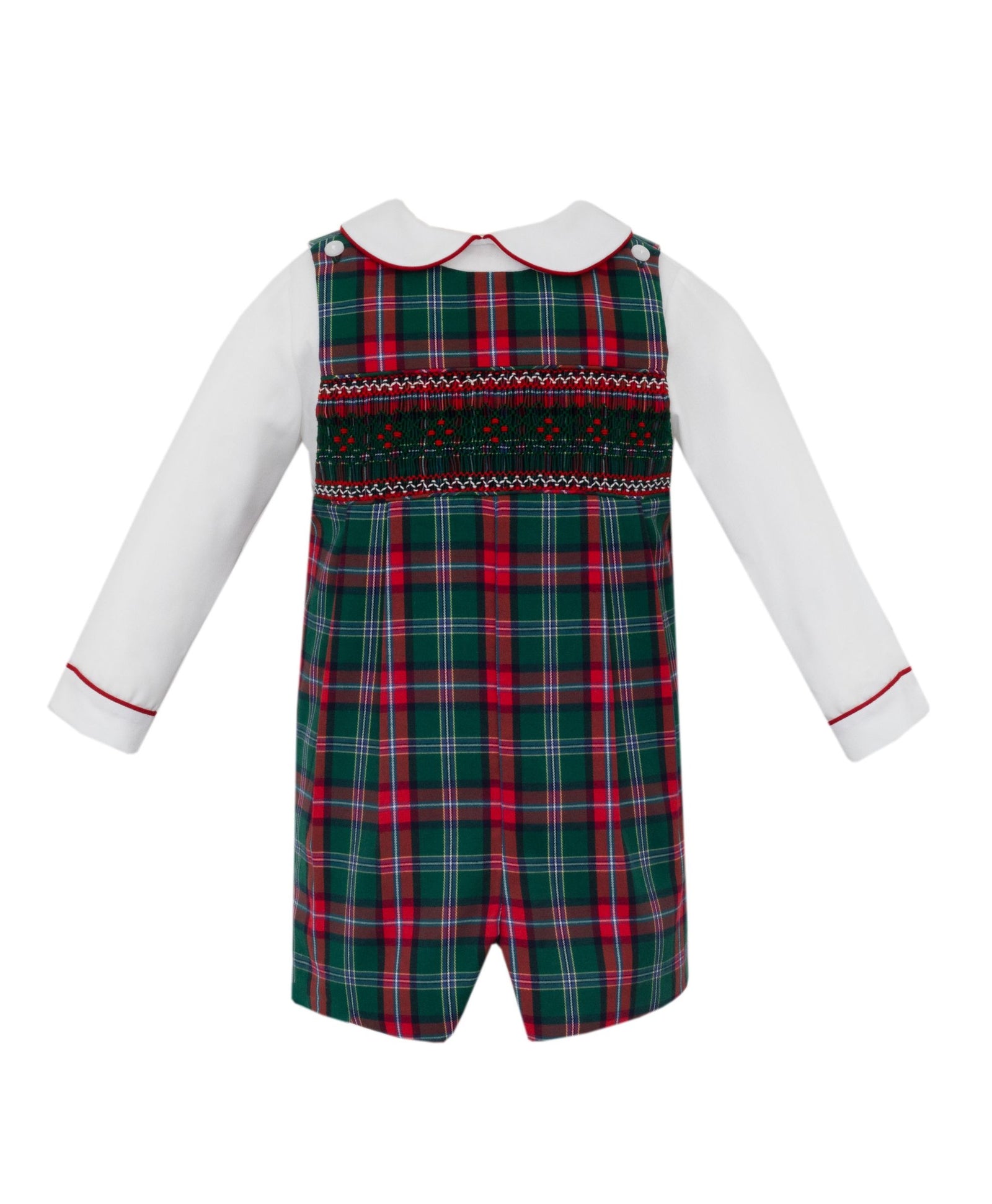 Green and Red Plaid Smocked Short Jon Jon with White Long Sleeve Shirt Set