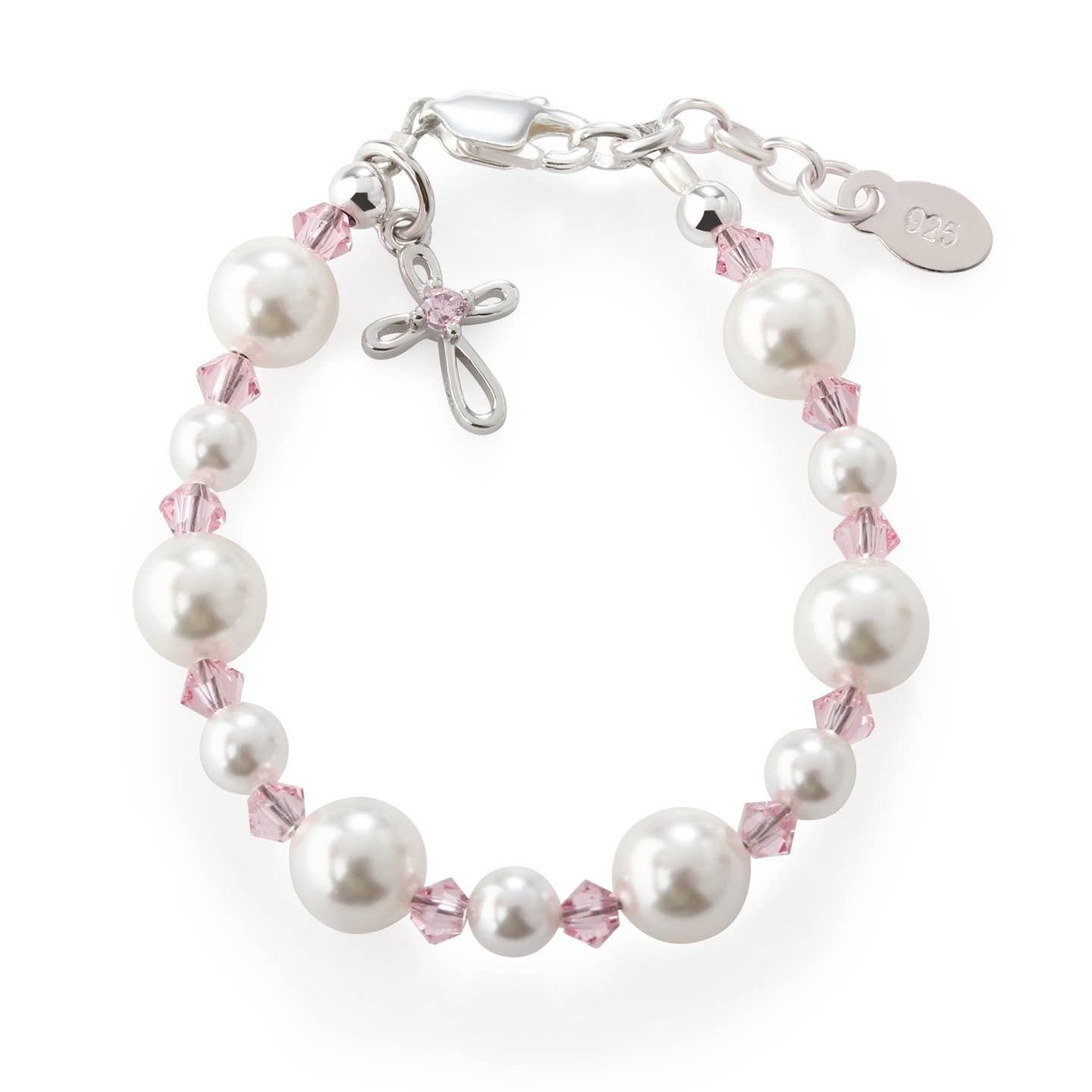 Girls Sterling Silver Pink Pearl Cross Bracelet