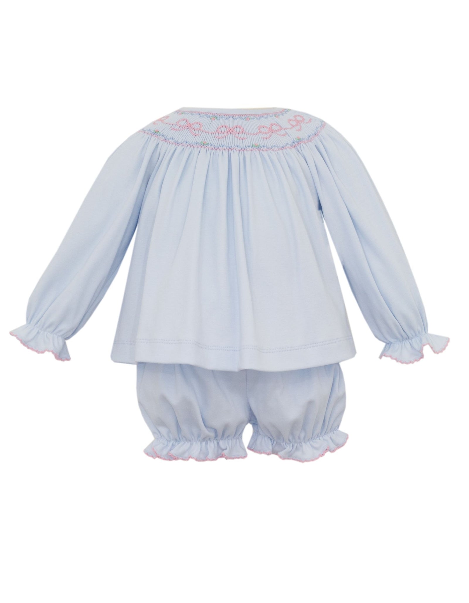 Light Blue Long Sleeve Knit Bows Smocked Bishop Bloomer Set