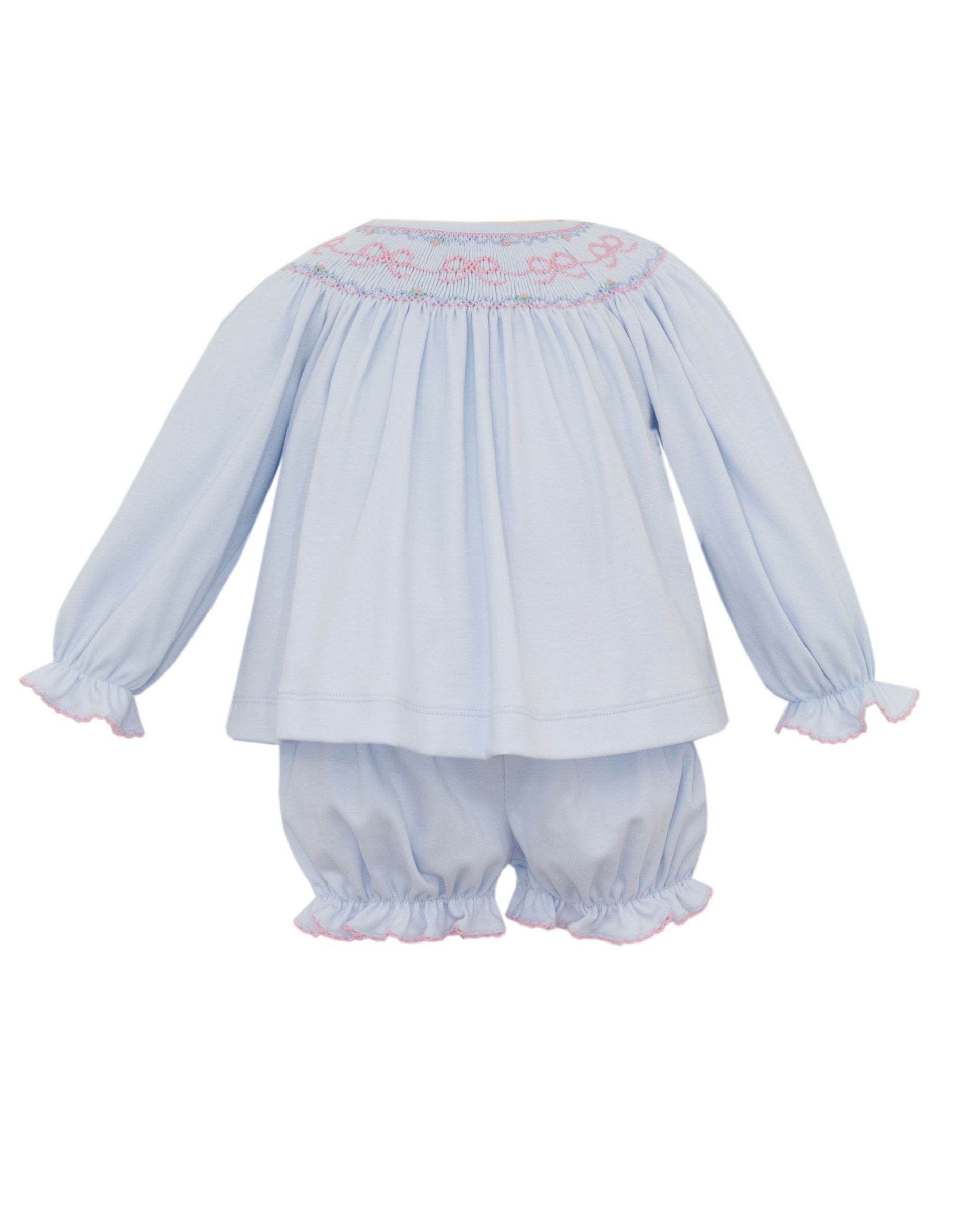 Light Blue Long Sleeve Knit Bows Smocked Bishop Bloomer Set