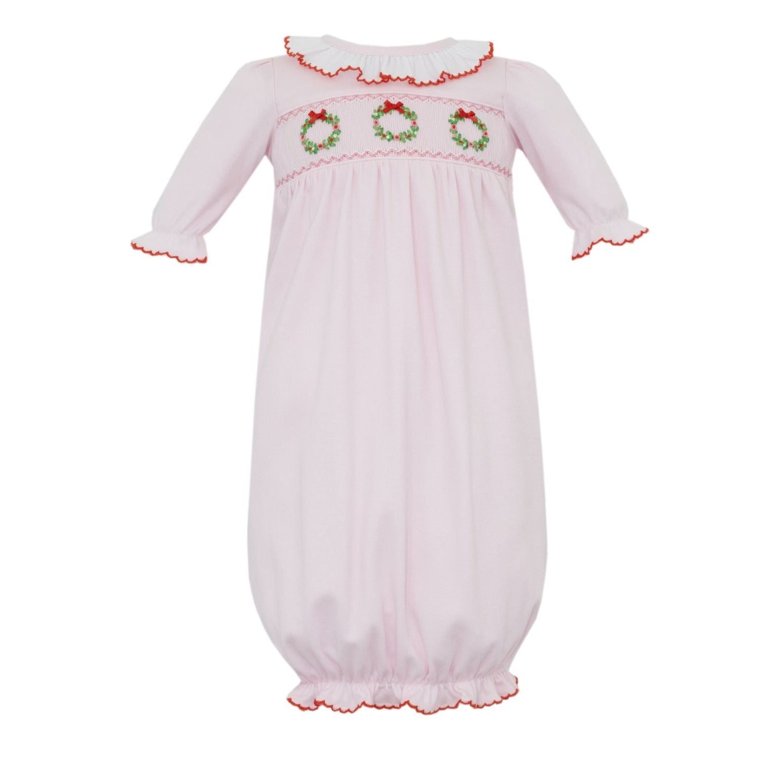 Pink Knit Christmas Wreath Smocked Long Sleeve Infant Gown