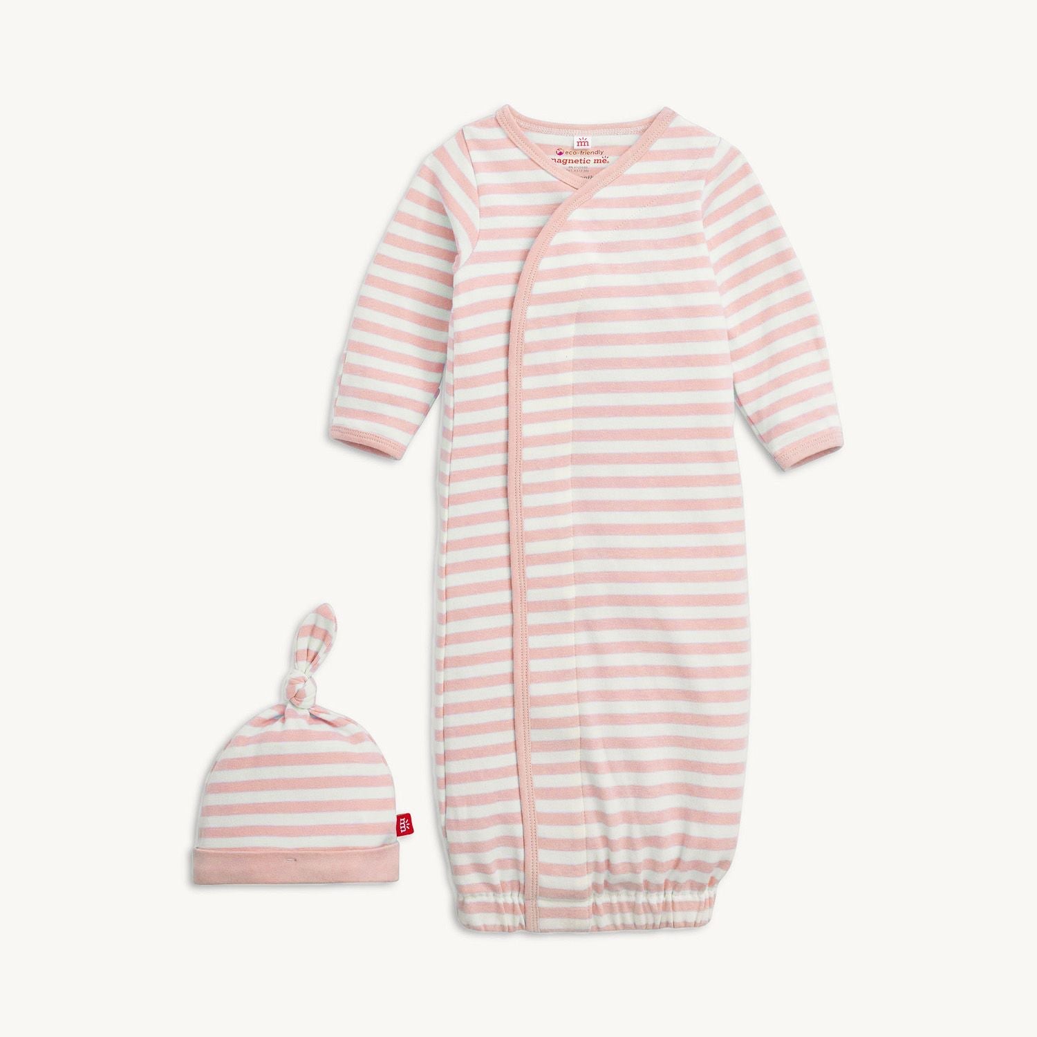 Pink Stripe Organic Cotton Magnetic Gown + Hat Set