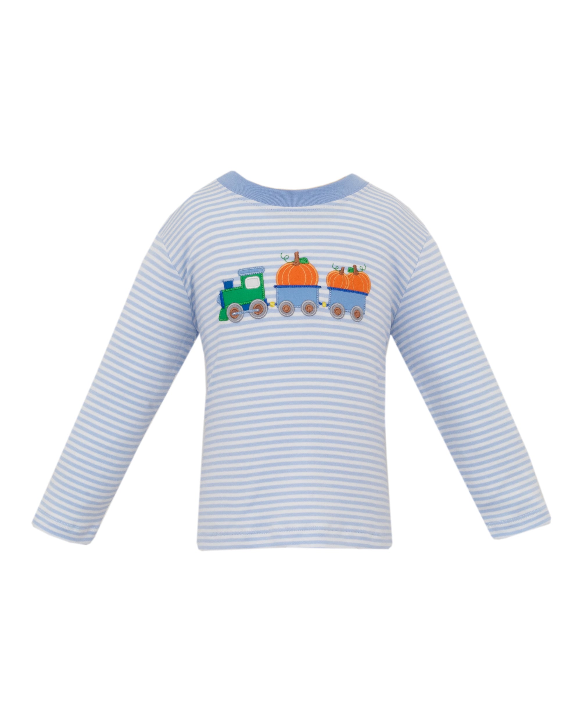 Pumpkin Train Applique Stripe Long Sleeve Knit Shirt