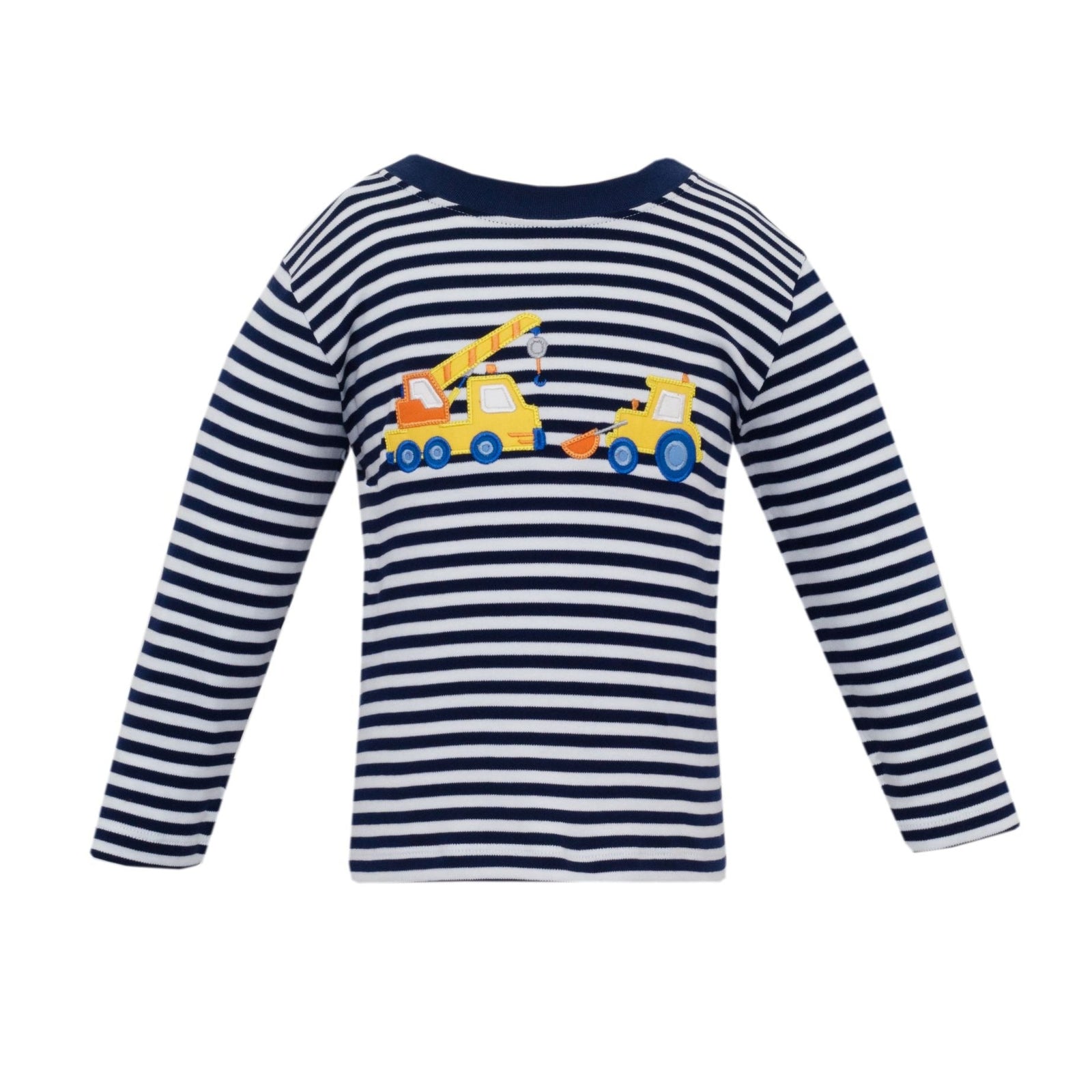 Construction Trucks Applique Navy Stripe Long Sleeve Knit Shirt