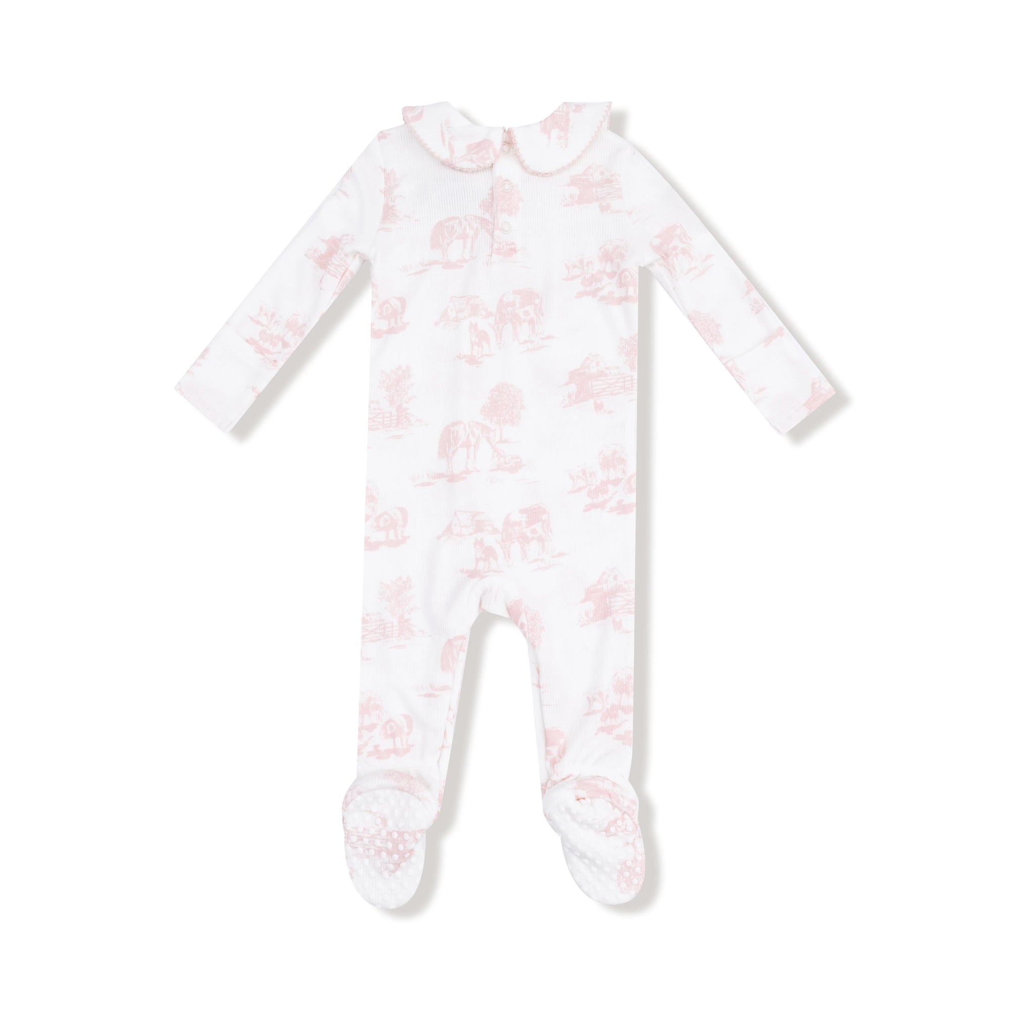 Farm Toile Pink Ribbed Modal Peter Pan 2 Way Zipper Footie