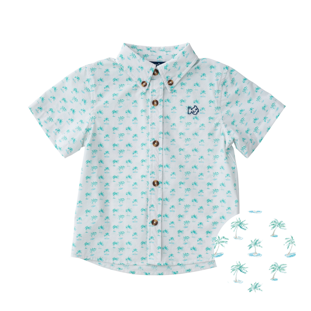 Short Sleeve Fishing Shirt | Palm Tree Print on White