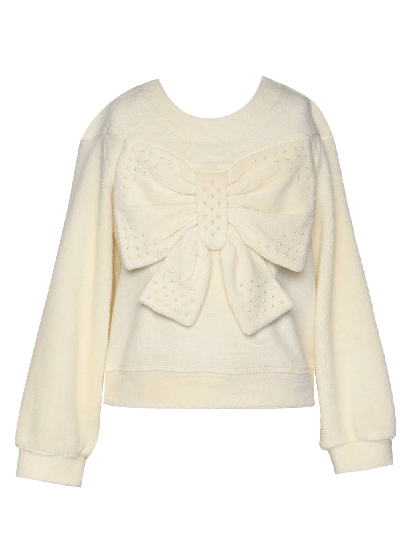 Long Sleeve Sherpa Bow Top with Pearls