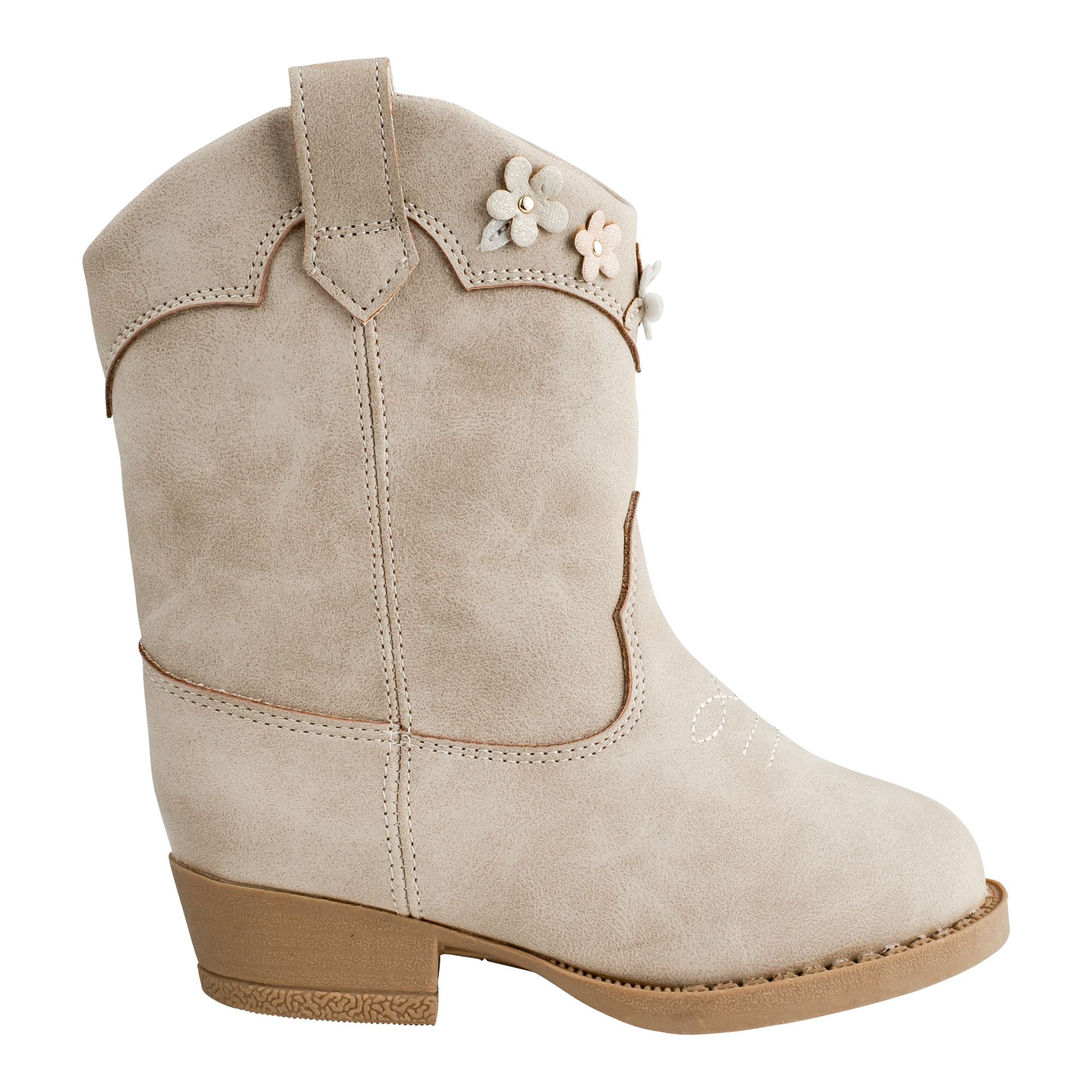 Mia Distressed Western Cowboy Boot | Taupe with Shimmer Flowers