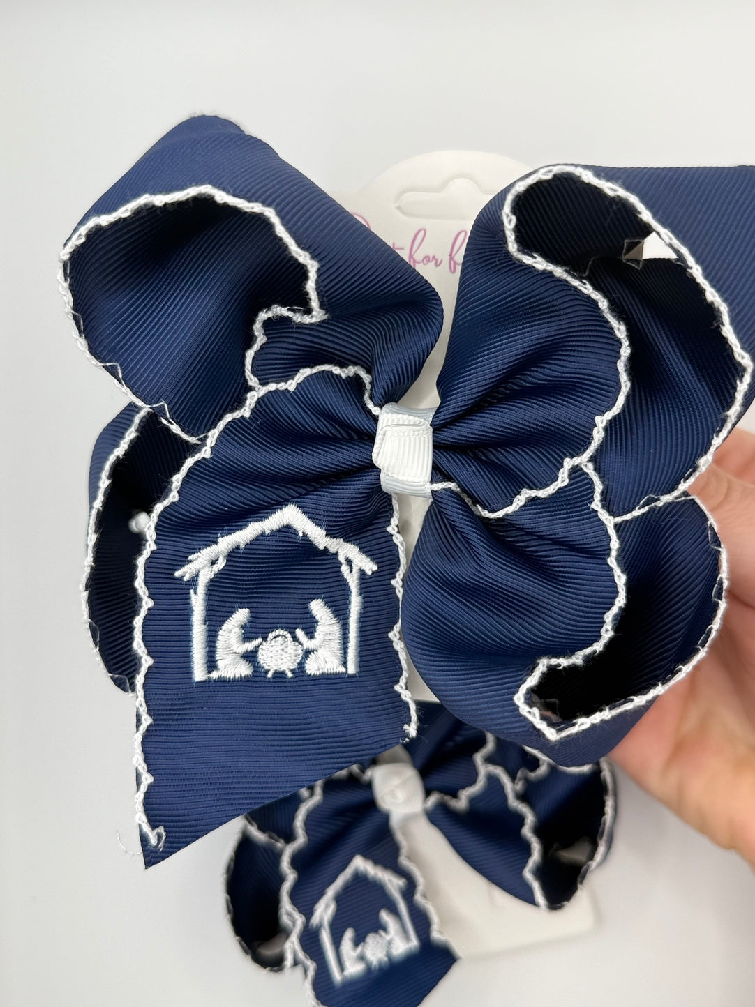 Navy Nativity Scene Moonstitch Grosgrain Hair Bow