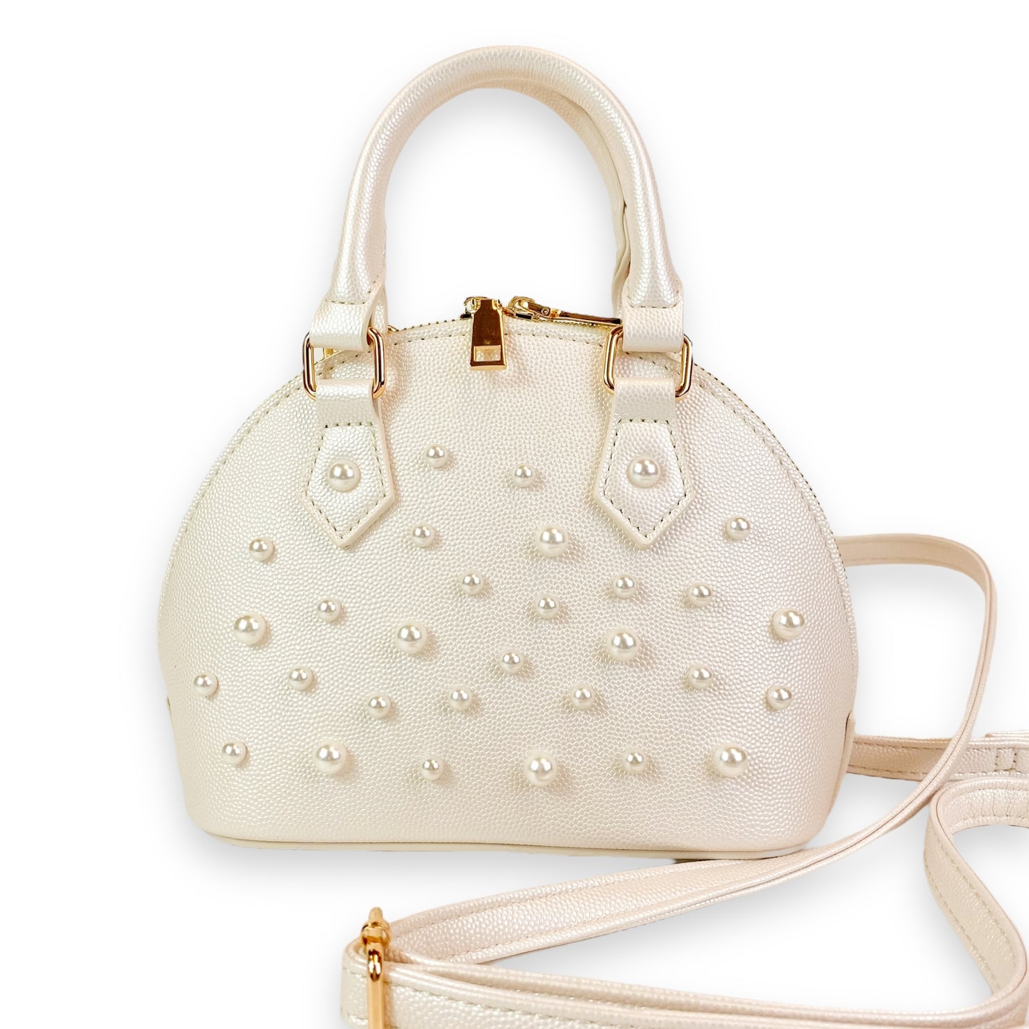 Pearl Studs Leather Satchel Bag | Cream
