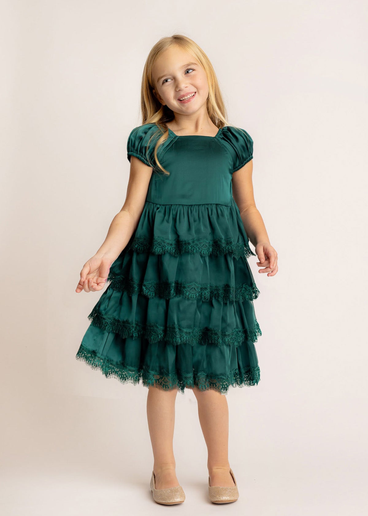 Emerald Cap Sleeve Lace Tiered Dress