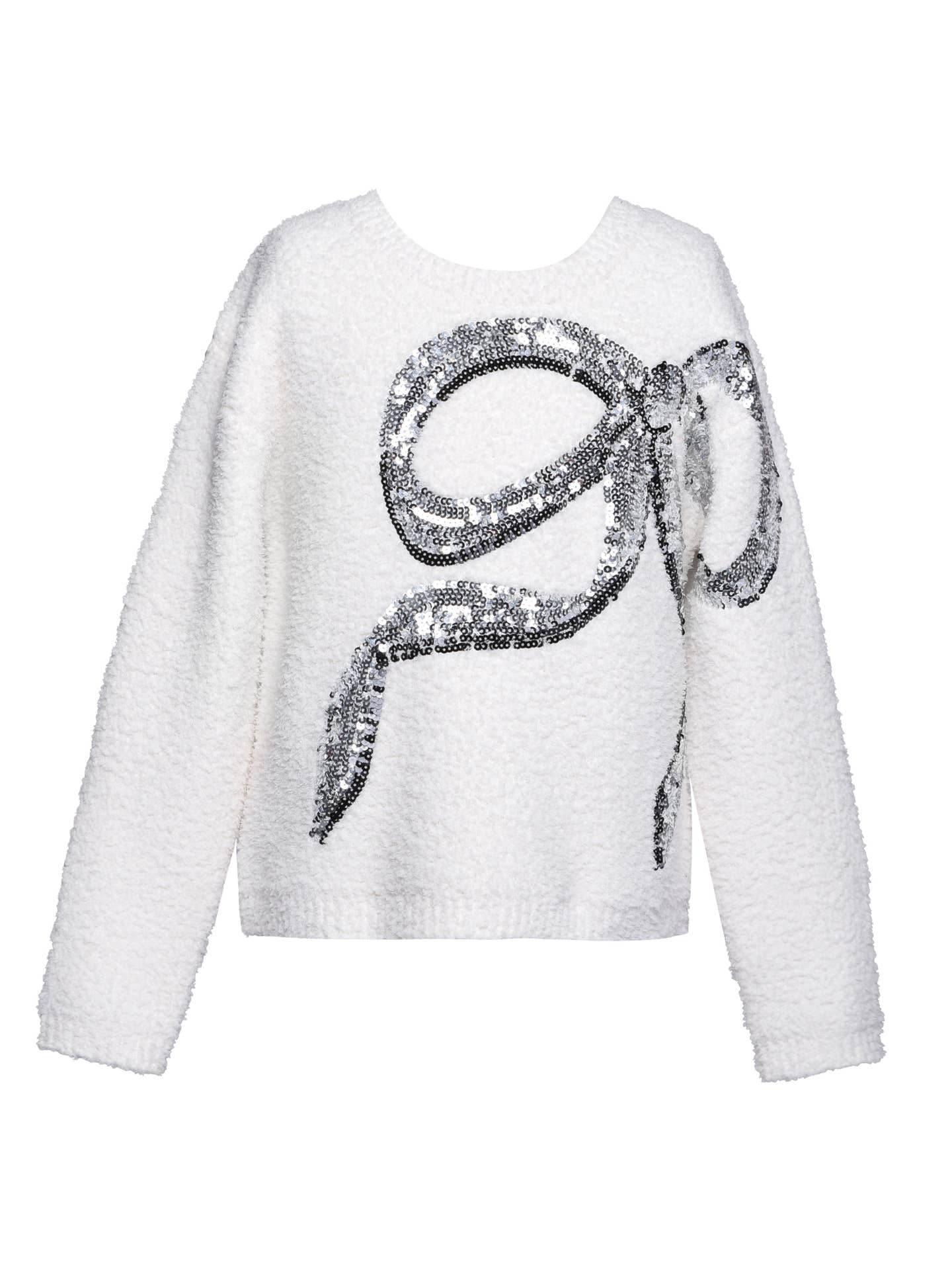 Knit Pullover Sweater with Sequin Embroidered Bow