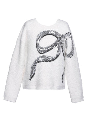 Knit Pullover Sweater with Sequin Embroidered Bow