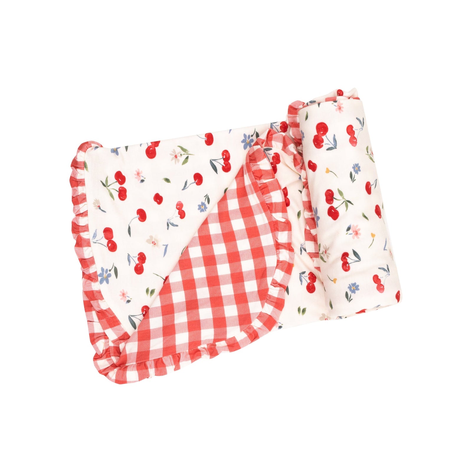 Watercolor Cherries Gingham Bamboo Ruffle Receiving Blanket