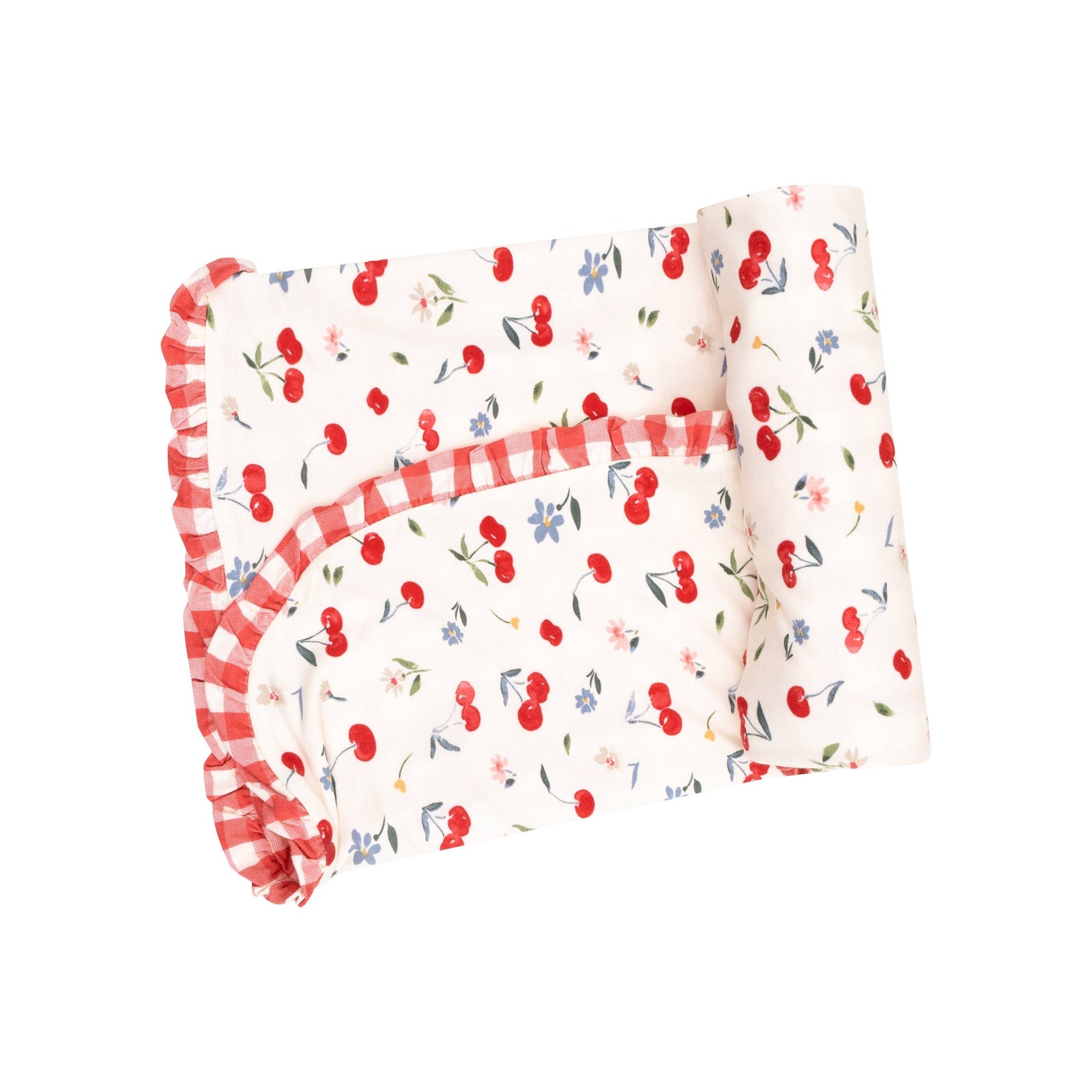 Watercolor Cherries Gingham Bamboo Ruffle Receiving Blanket