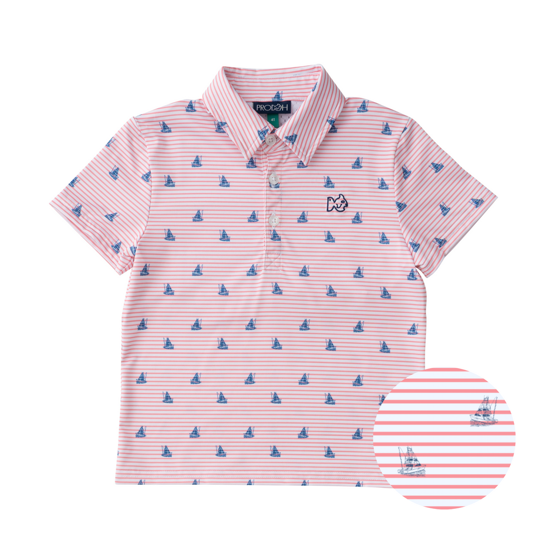 Short Sleeve Pro Performance Polo | Fishing Boat Print on Spiced Coral Stripe