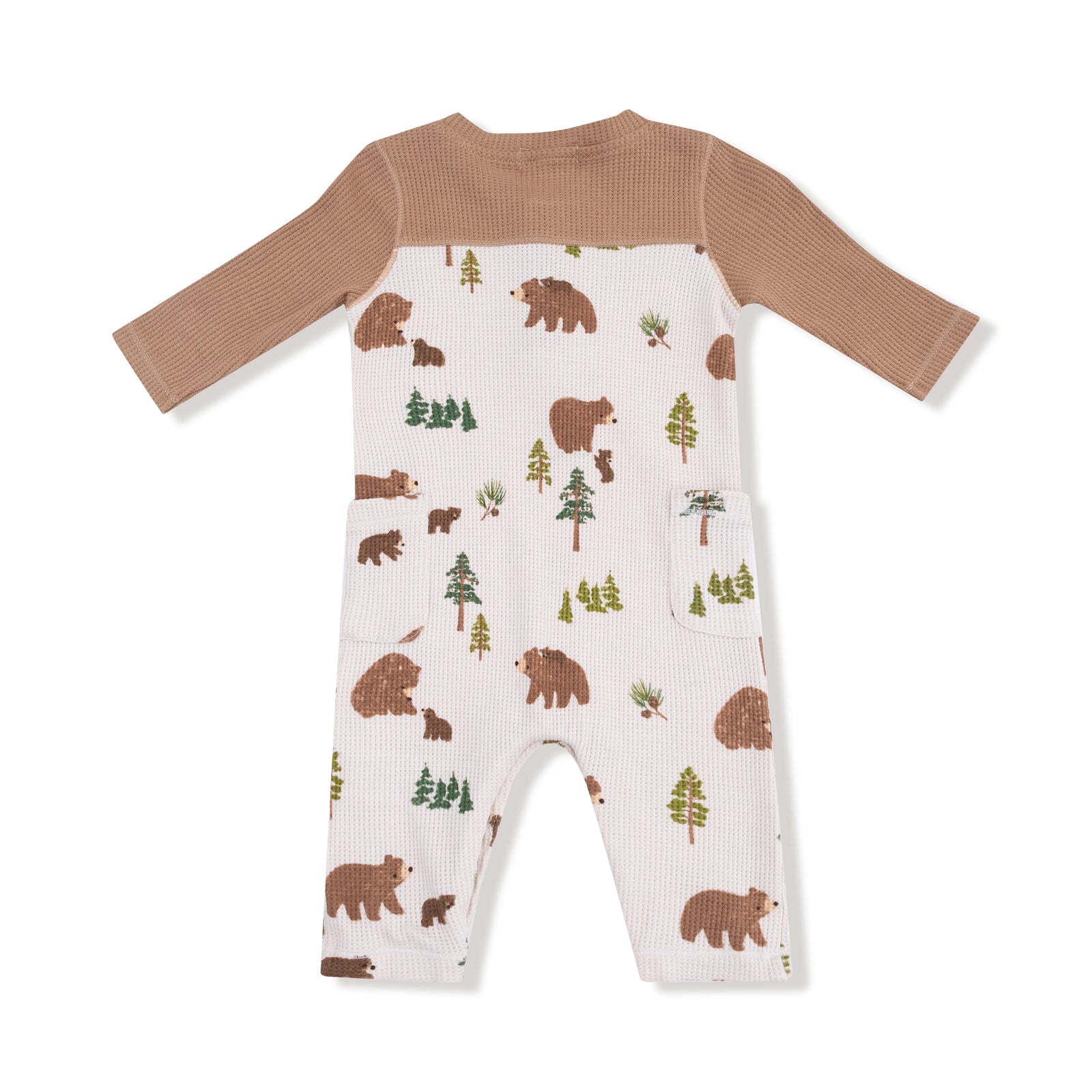 Sweet Brown Bears Waffle Knit Romper with Contrast Sleeves