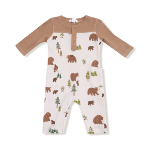 Sweet Brown Bears Waffle Knit Romper with Contrast Sleeves