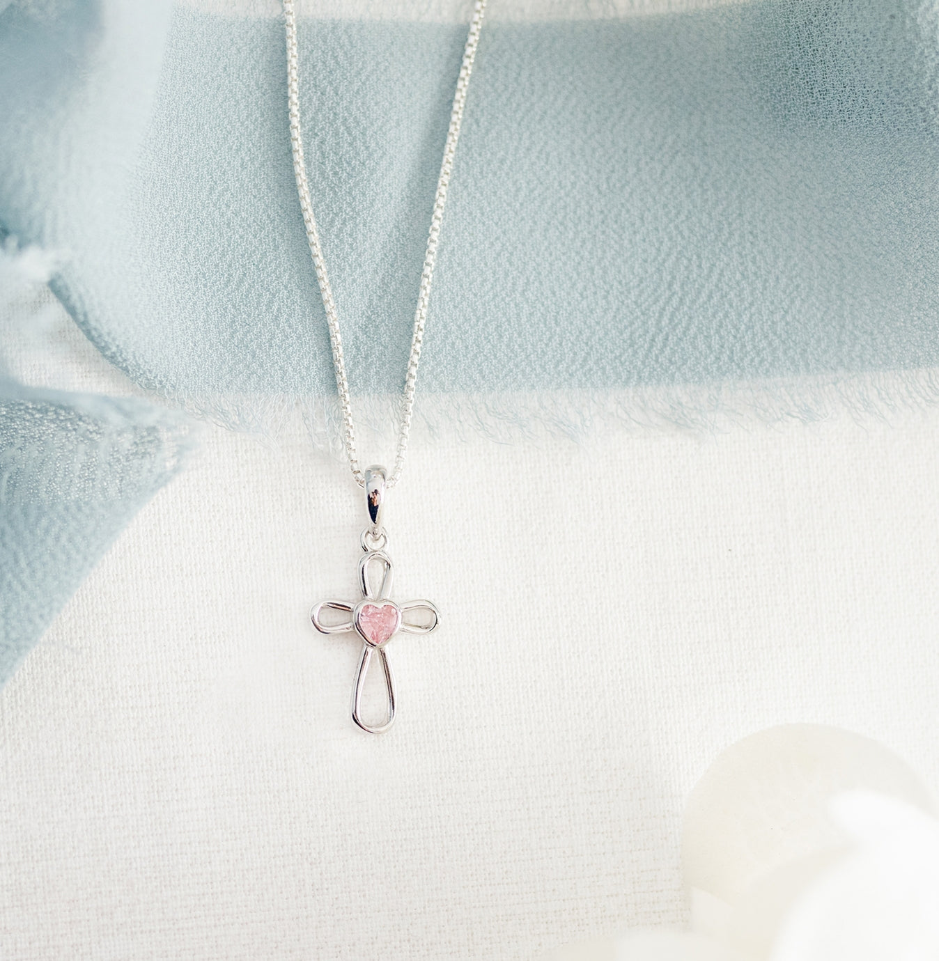 Girls Sterling Silver Pink Heart Cross Necklace